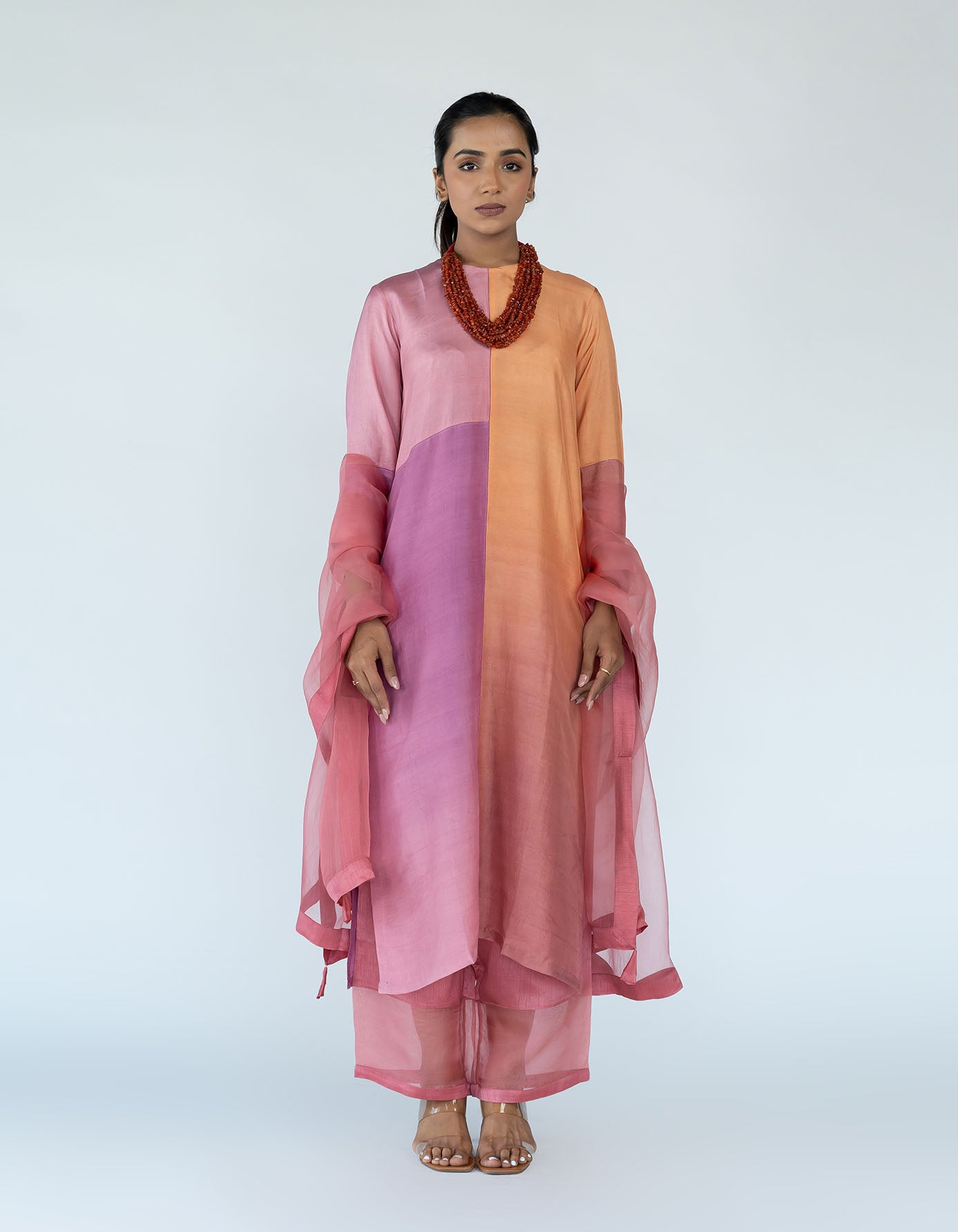 Peach Mauve Ombre color blocked kurta with silk pants, organza detailing and  pure silk organza dupatta
