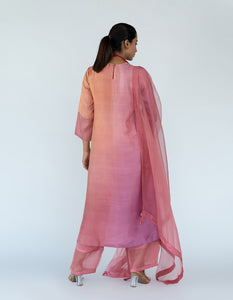 Peach Mauve Ombre color blocked kurta with silk pants, organza detailing and  pure silk organza dupatta