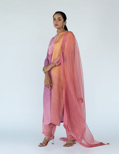 Peach Mauve Ombre color blocked kurta with silk pants, organza detailing and  pure silk organza dupatta