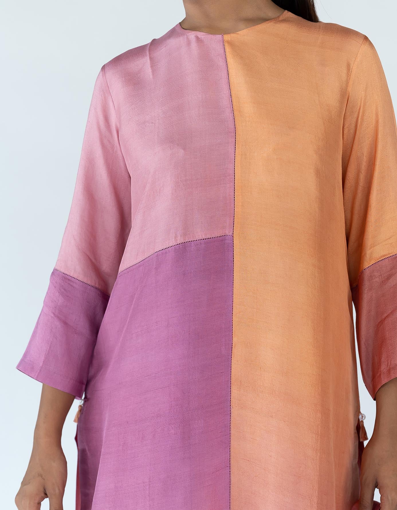 Peach Mauve Ombre color blocked kurta with silk pants, organza detailing and  pure silk organza dupatta