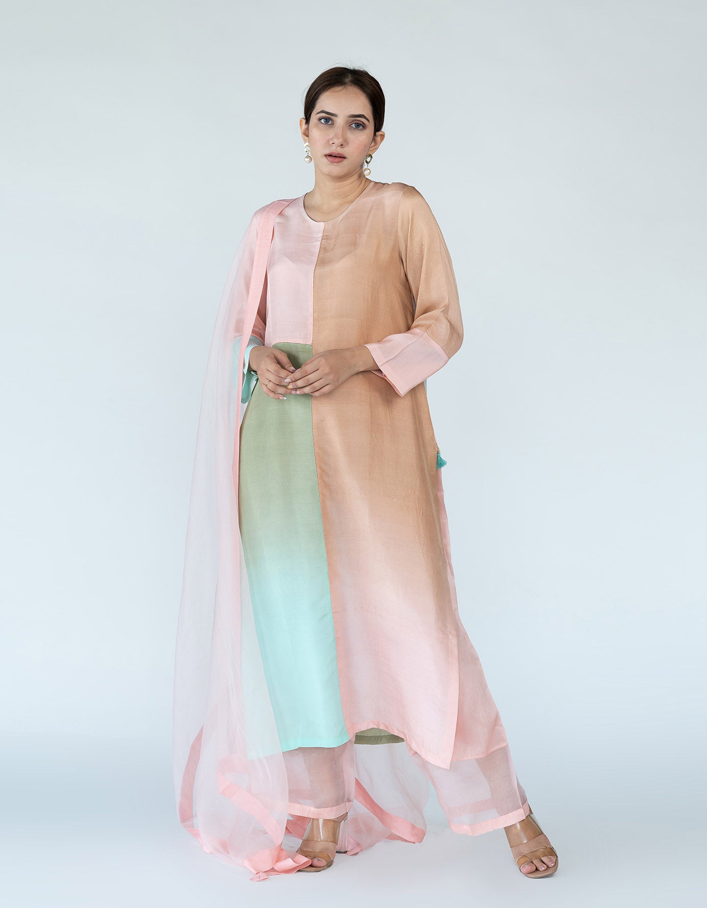 Pink Mint Brown Ombre color blocked kurta with silk pants, organza detailing and  pure silk organza dupatta