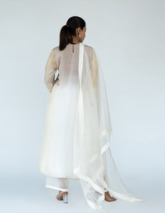 Ivory Ombre color blocked kurta with silk pants, organza detailing and  pure silk organza dupatta