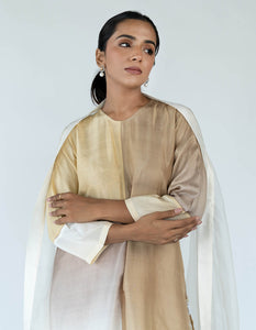 Ivory Ombre color blocked kurta with silk pants, organza detailing and  pure silk organza dupatta
