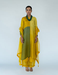 Sage Mustard Ombre color blocked kurta with silk pants, organza detailing and pure silk organza dupatta