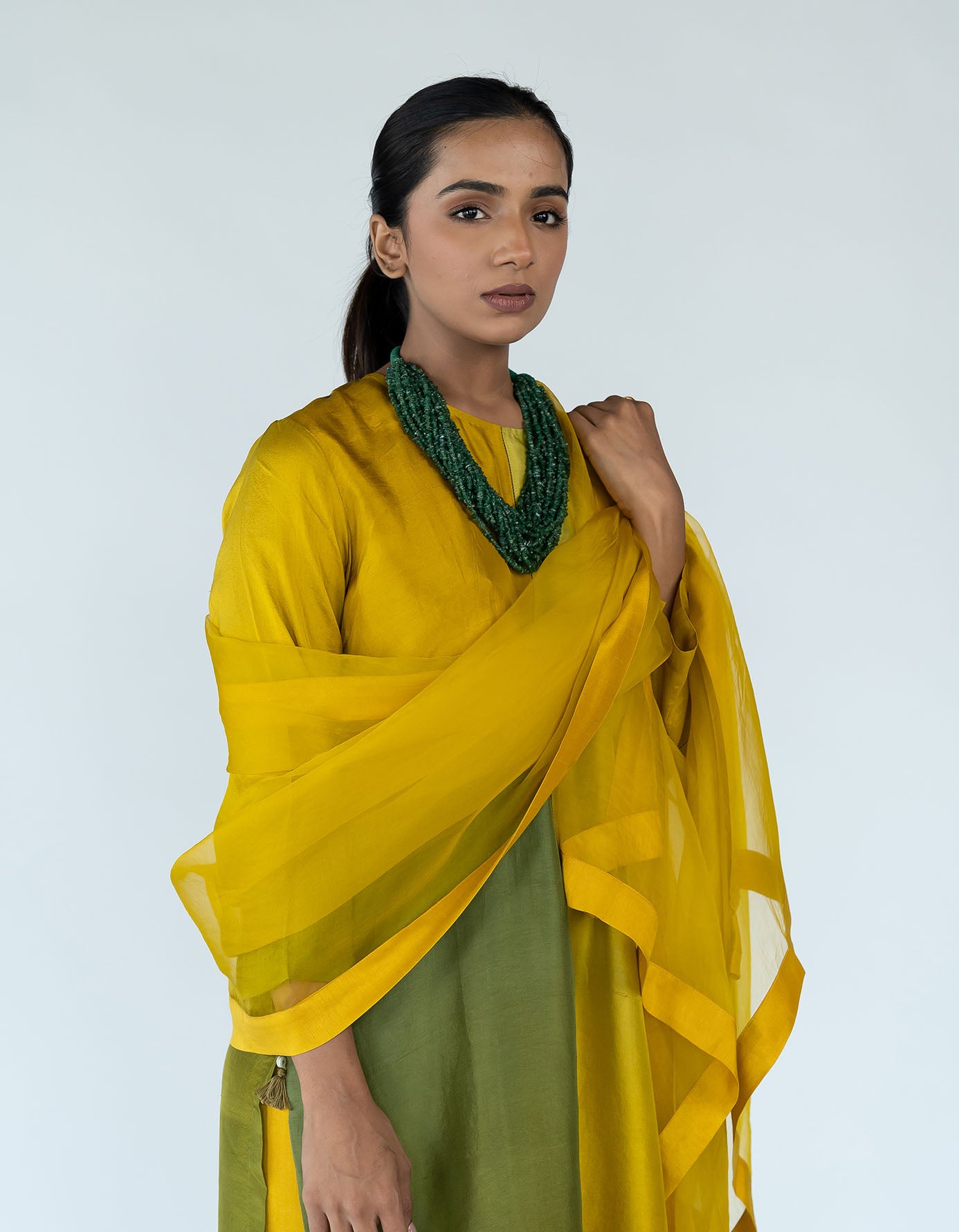 Sage Mustard Ombre color blocked kurta with silk pants, organza detailing and  pure silk organza dupatta