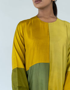 Sage Mustard Ombre color blocked kurta with silk pants, organza detailing and pure silk organza dupatta