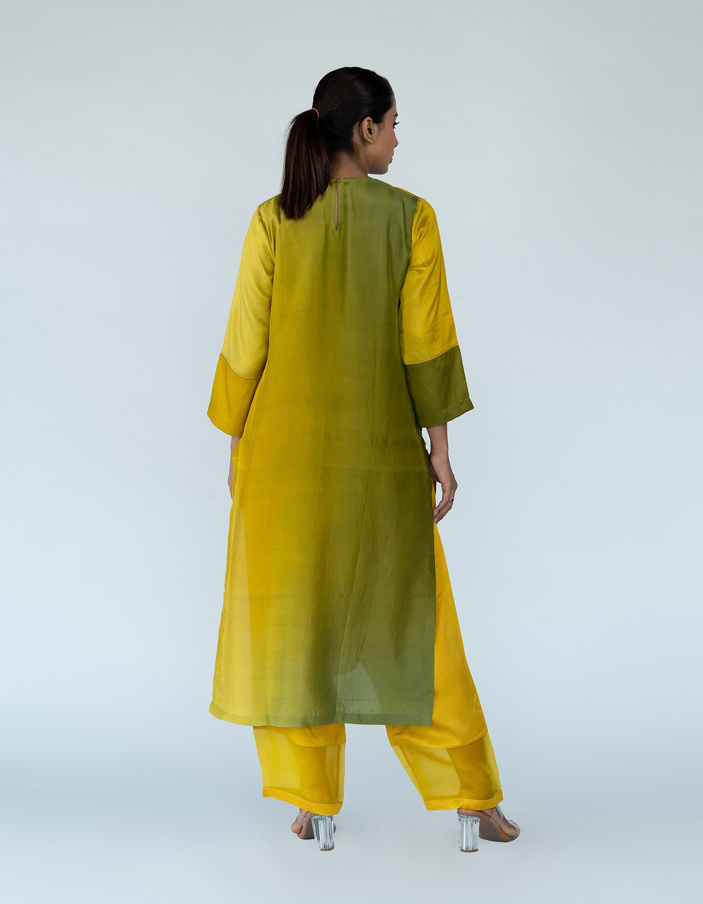 Sage Mustard Ombre color blocked kurta with silk pants, organza detailing and  pure silk organza dupatta