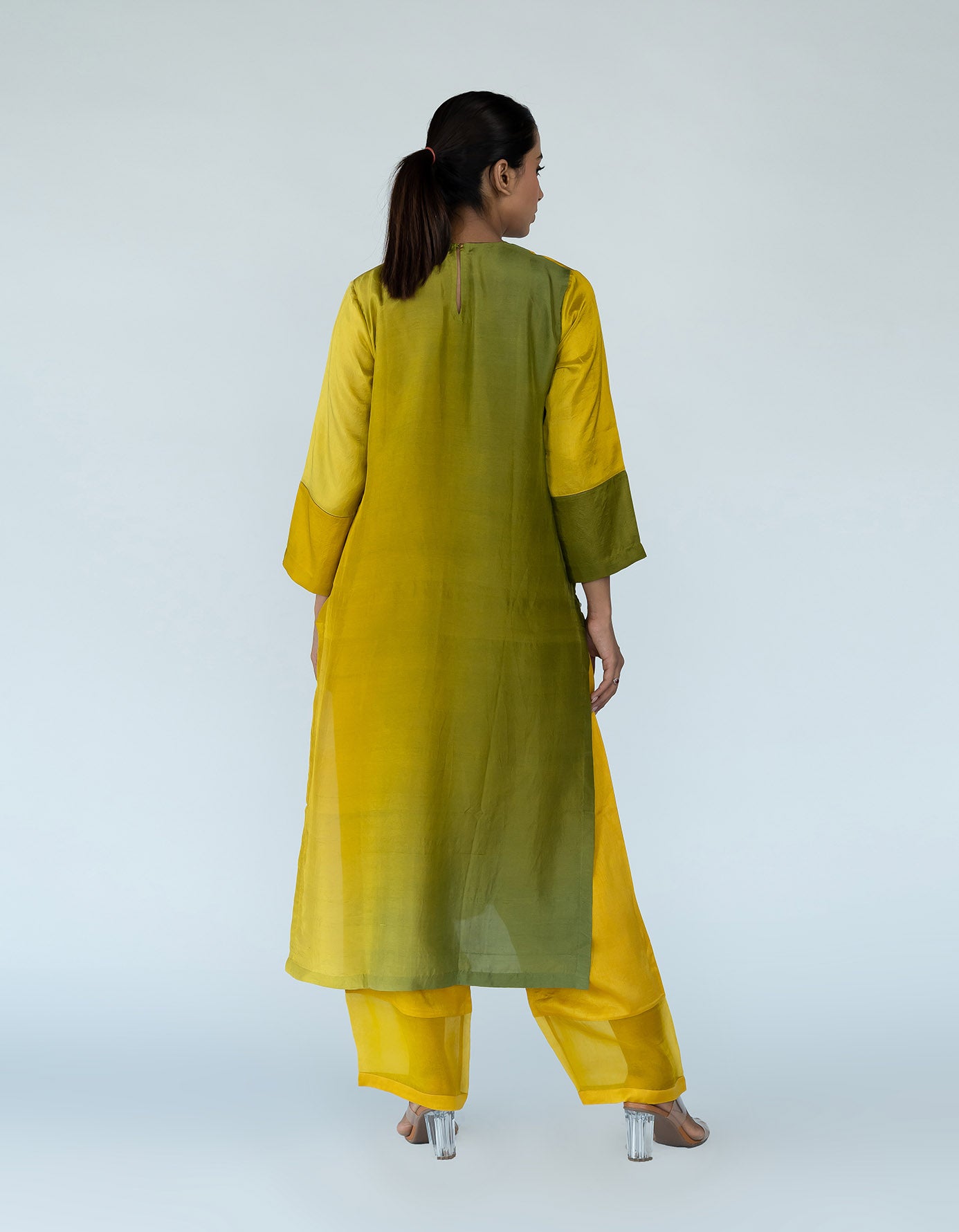 Sage Mustard Ombre color blocked kurta with silk pants, organza detailing and pure silk organza dupatta