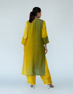 Sage Mustard Ombre color blocked kurta with silk pants, organza detailing and pure silk organza dupatta