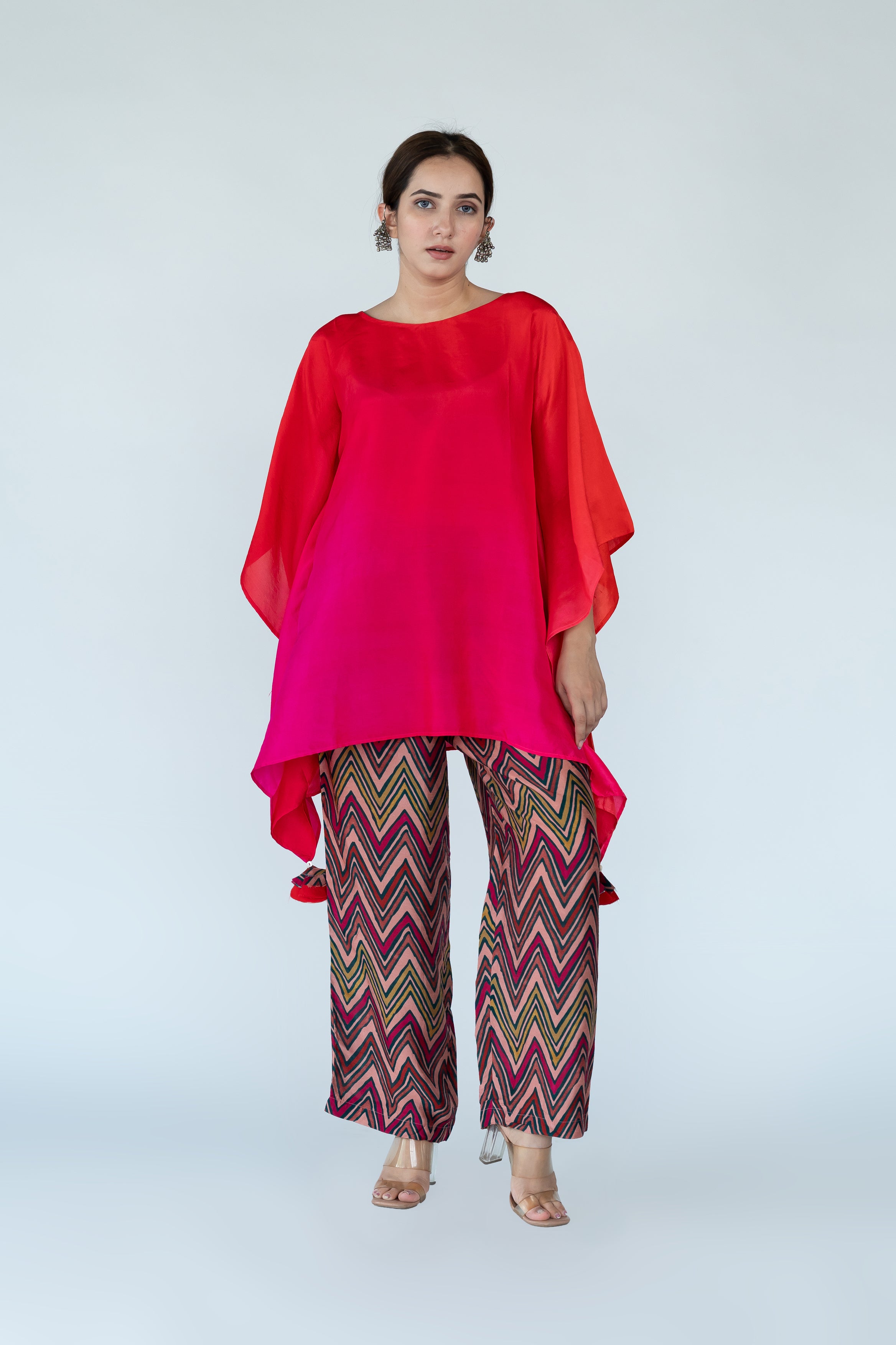 Fuschia Red Ombre Hand Dyed Kaftan top With Pants