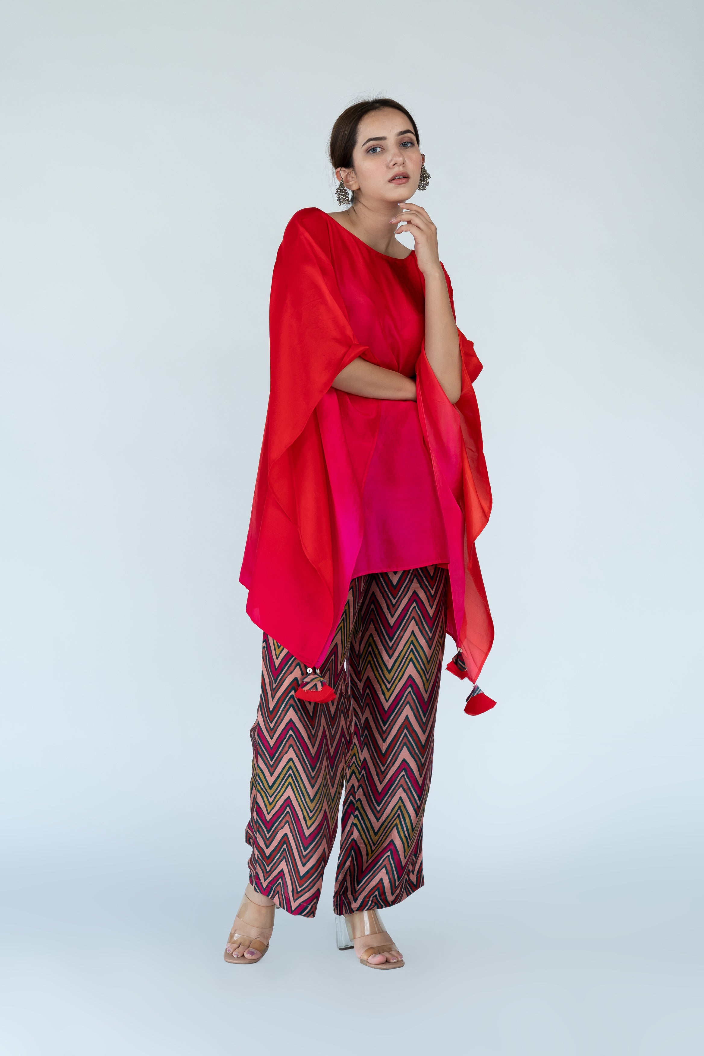 Fuschia Red Ombre Hand Dyed Kaftan top With Pants