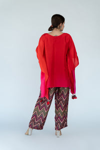 Fuschia Red Ombre Hand Dyed Kaftan top With Pants