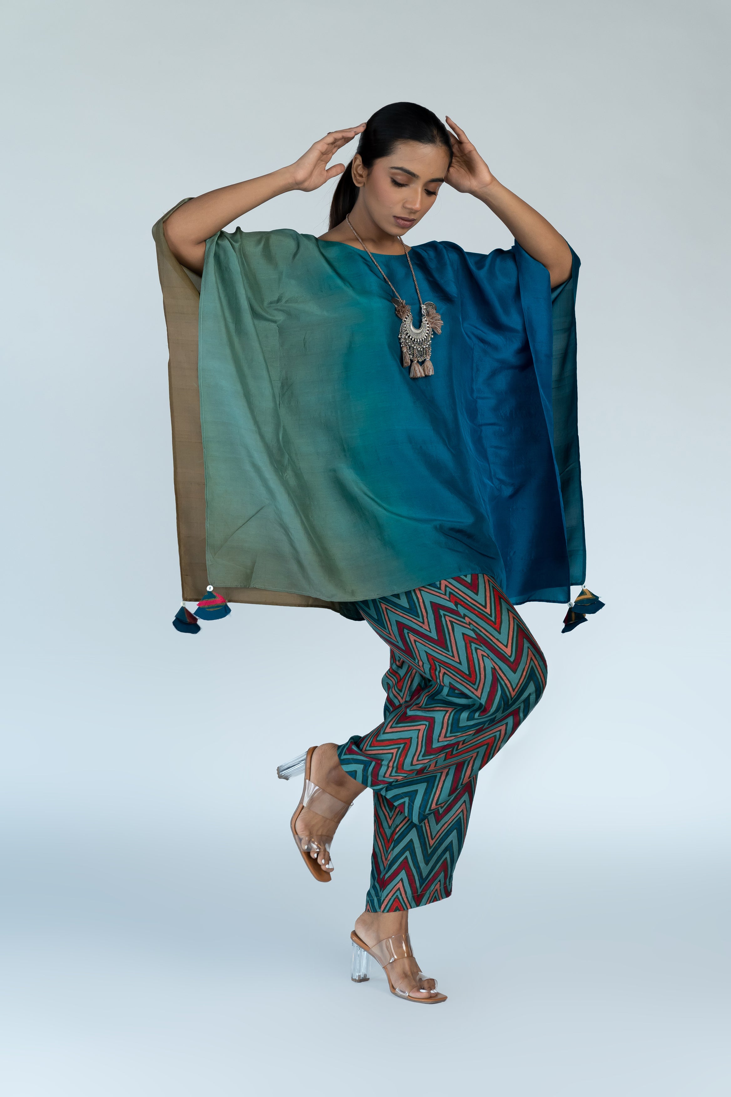 Teal Blue Ombre Hand Dyed Kaftan Top With Pants