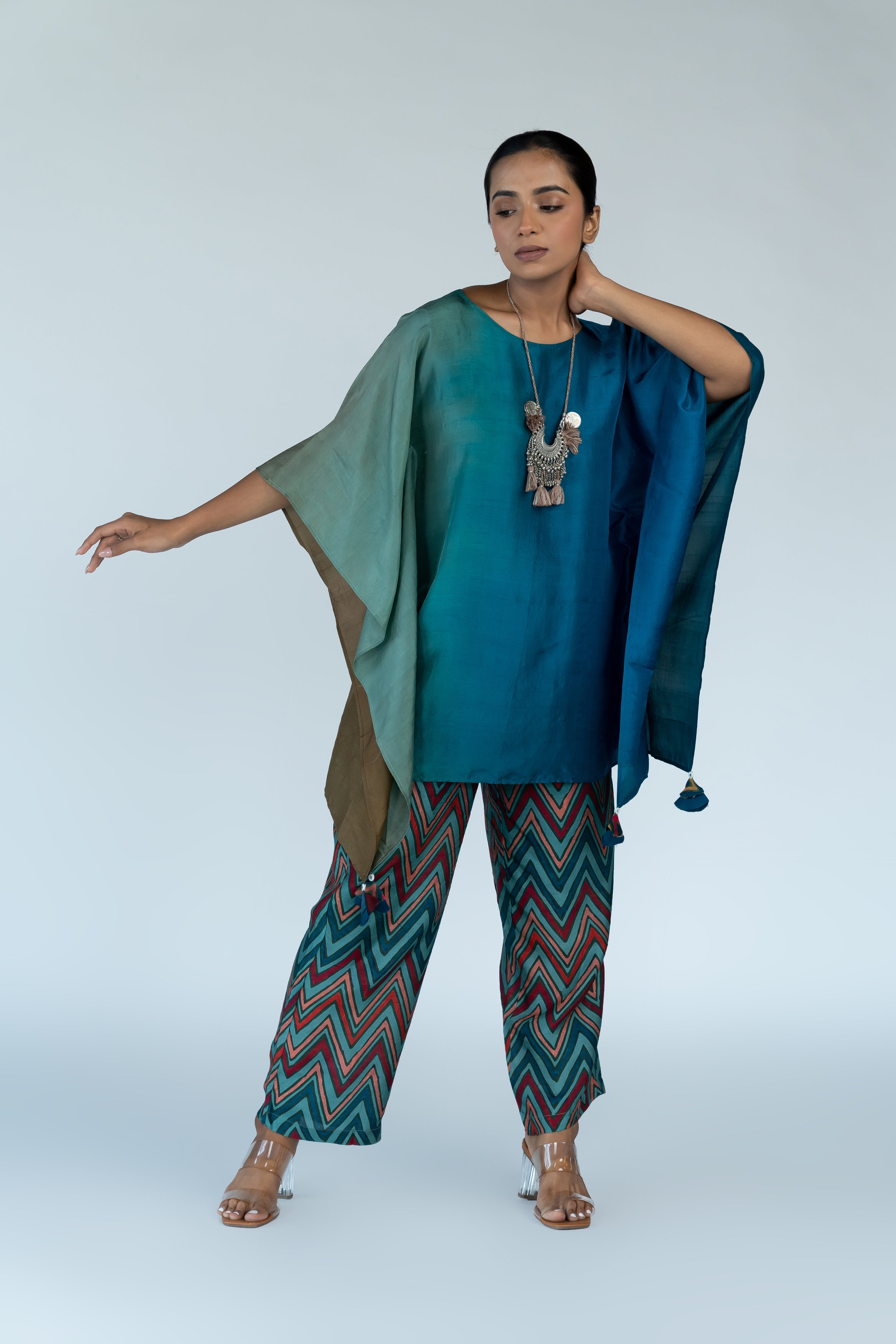 Teal Blue Ombre Hand Dyed Kaftan Top With Pants