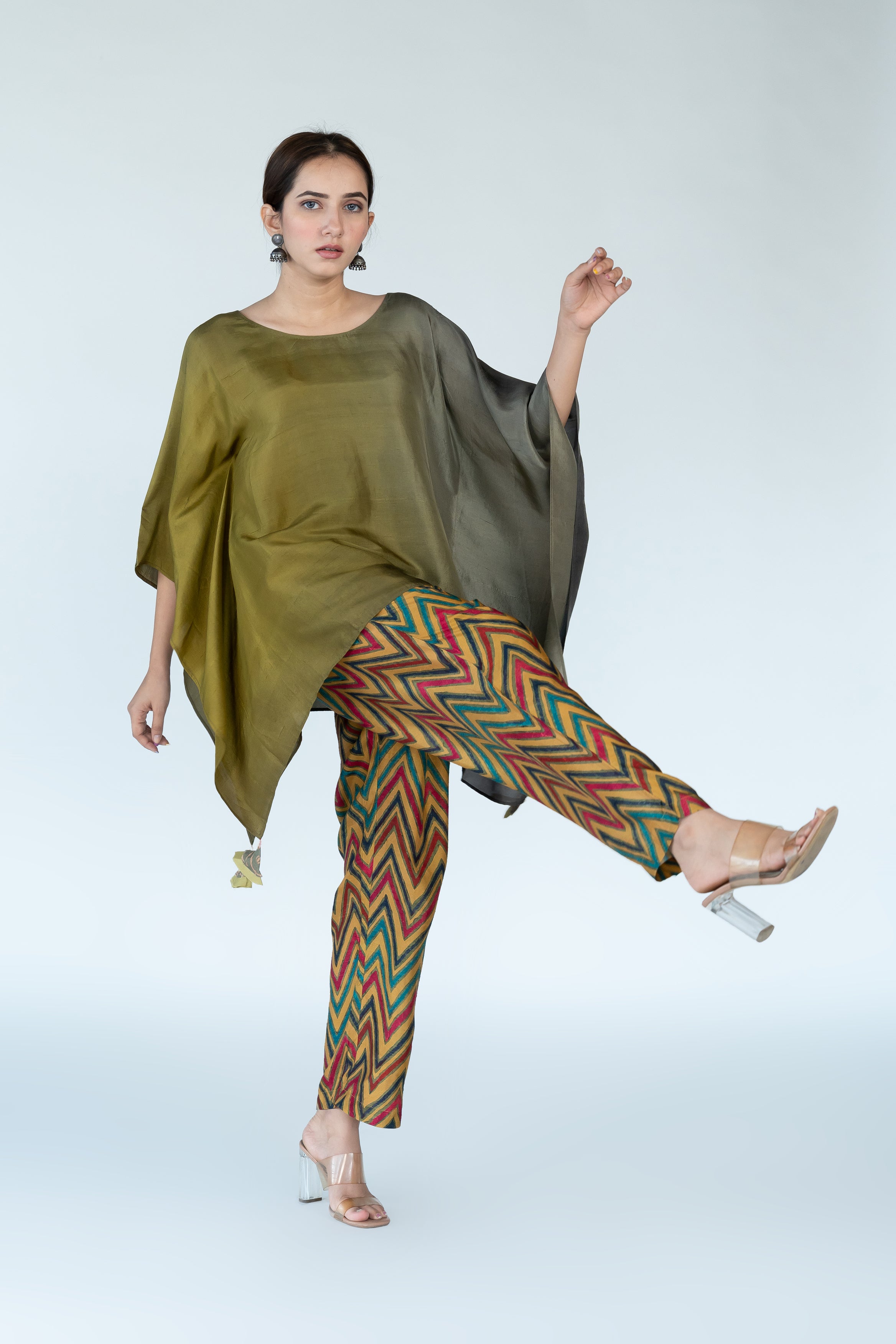 Olive Ombre Hand Dyed Kaftan top With Pants