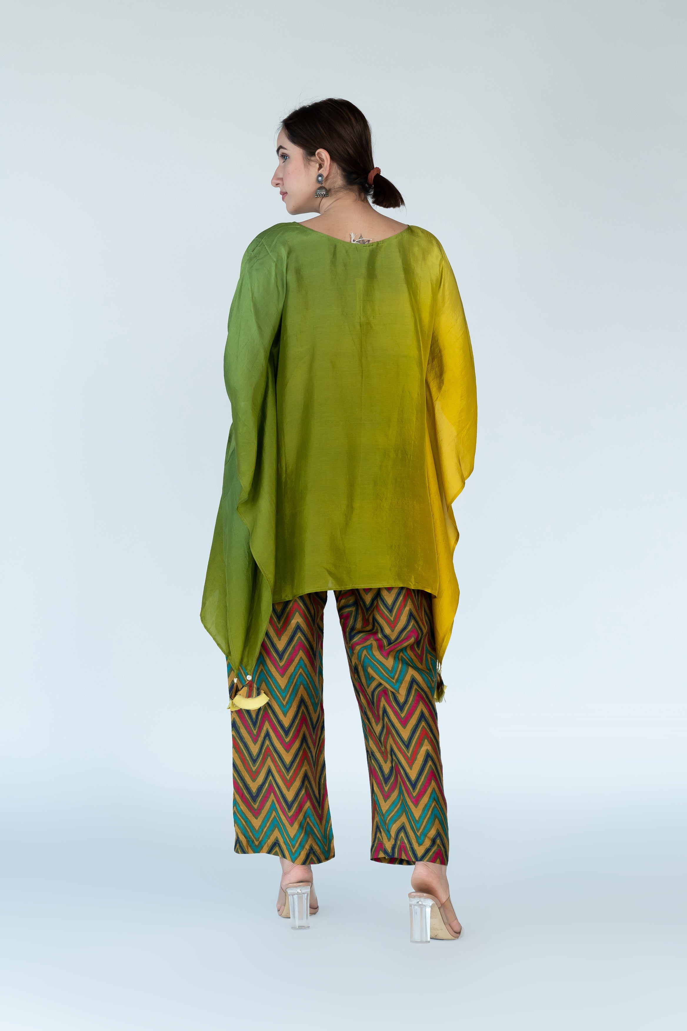 Sage Mustard Ombre Hand Dyed Kafaan Top With Pants