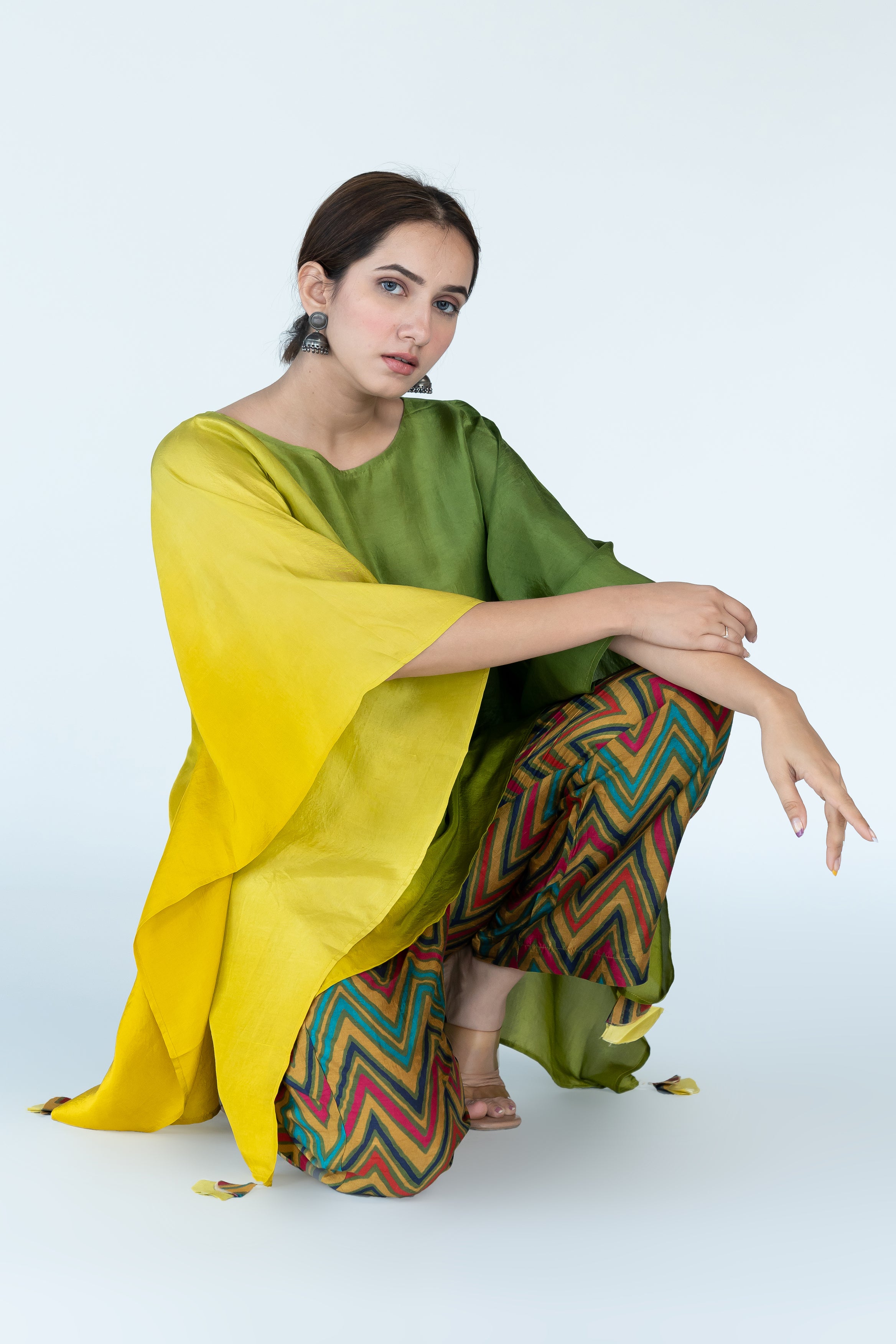 Sage Mustard Ombre Hand Dyed Kafaan Top With Pants