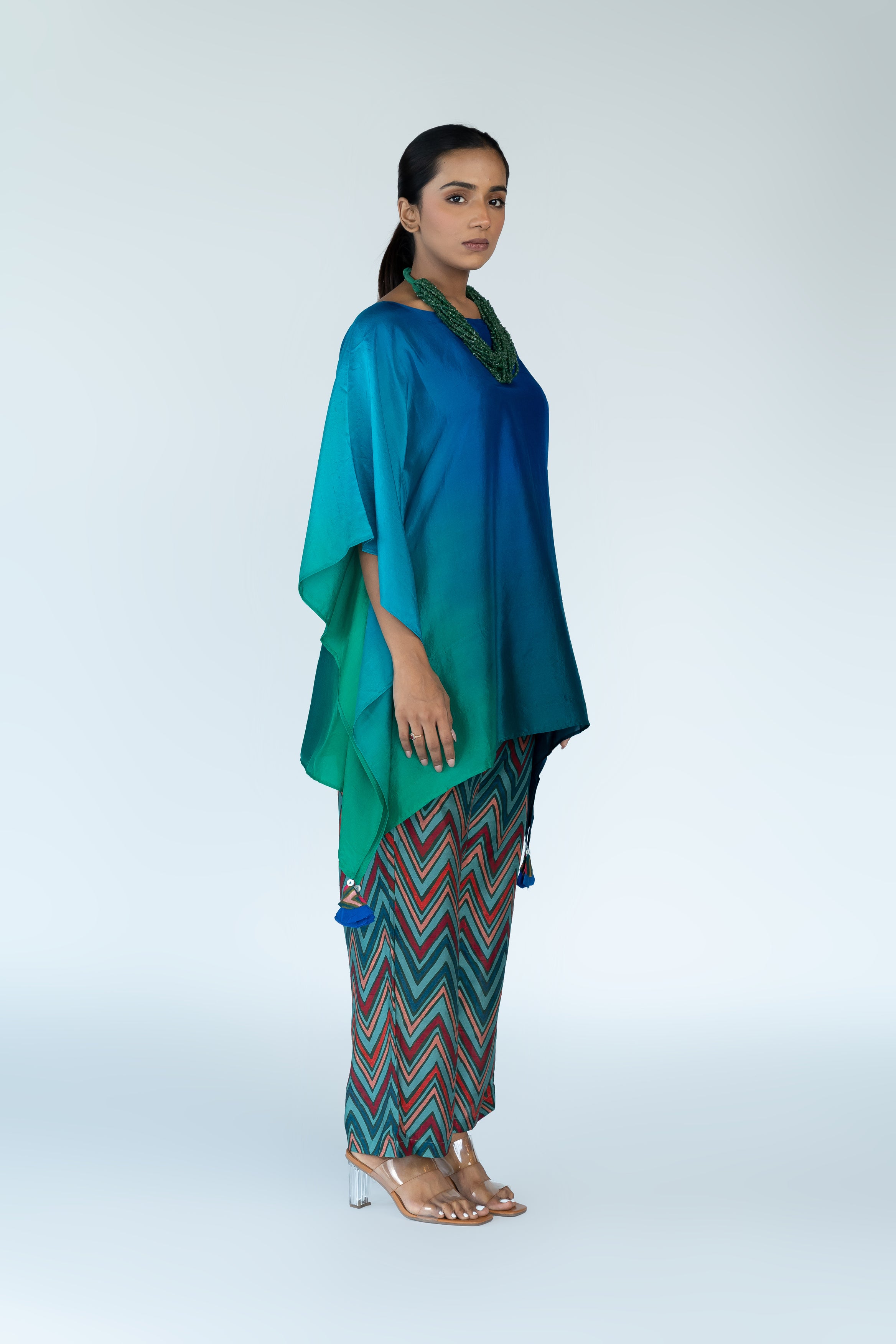 Green Blue Ombre Hand Dyed Kaftan top With Pants