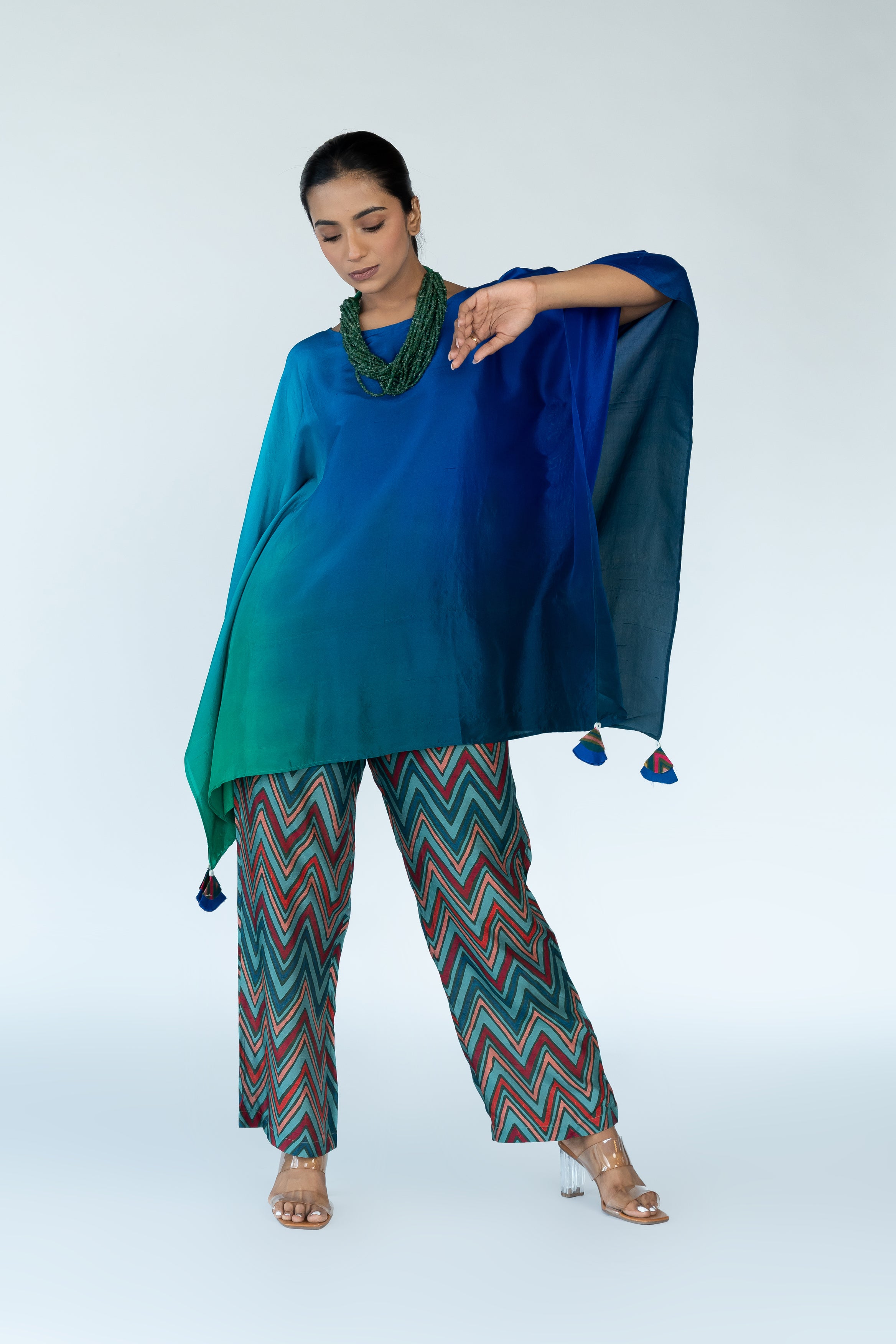 Green Blue Ombre Hand Dyed Kaftan top With Pants