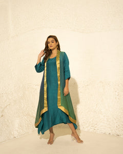 Green Blue Silk Kurta With Hand Woven Tissue Cape (2 pc)