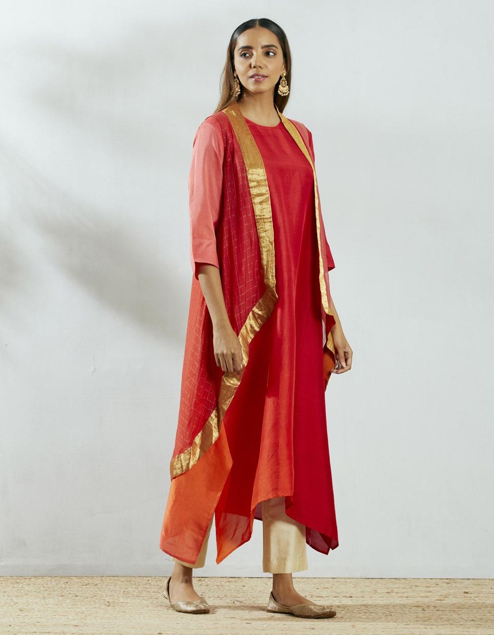 Orange Red Silk Kurta With Hand Woven Tissue Cape (2 pc)