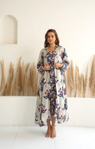 Beige Floral jacket with abstract print dress (2pc)