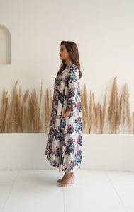 Beige Floral jacket with abstract print dress (2pc)