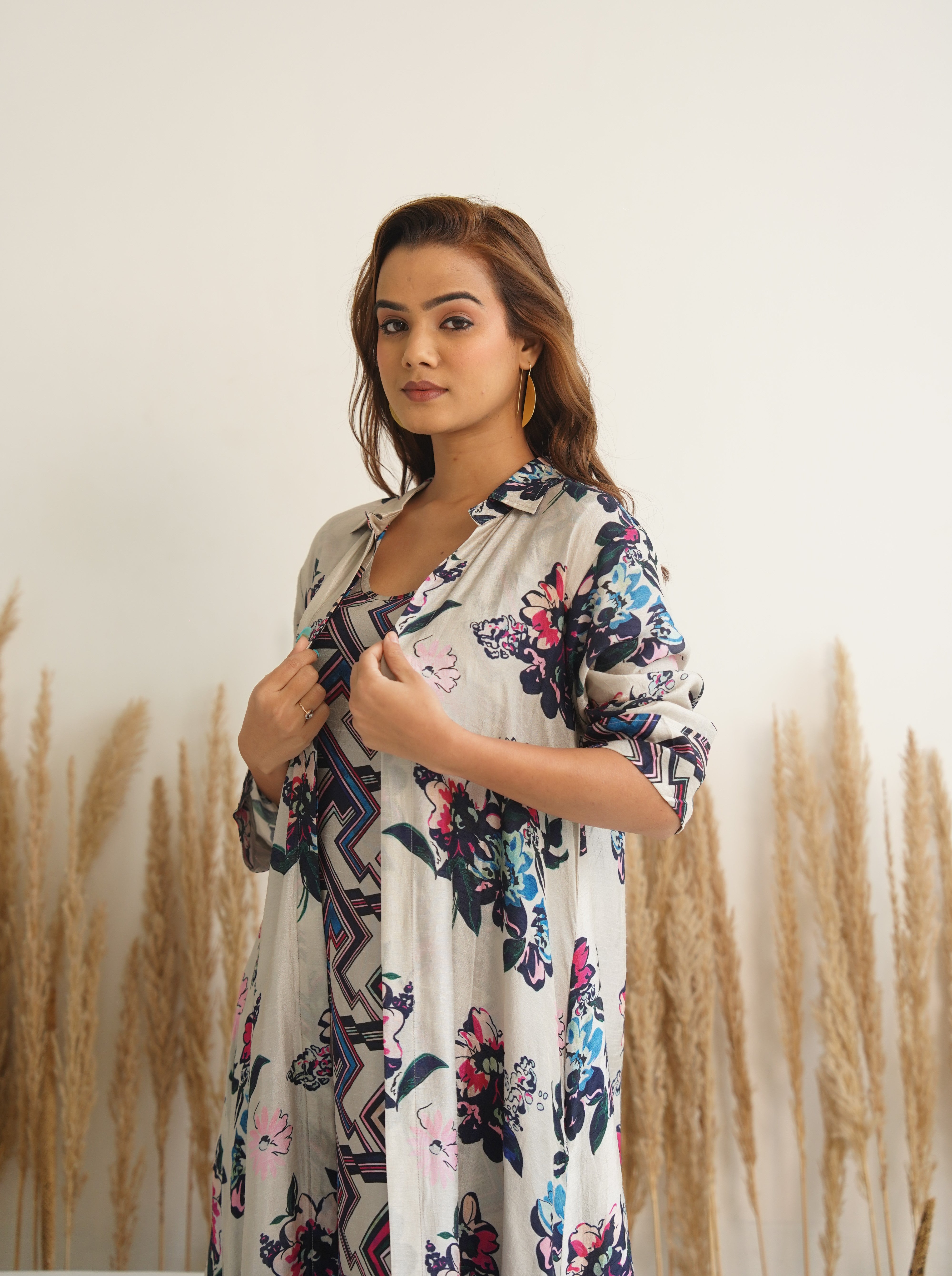 Beige Floral jacket with abstract print dress (2pc)