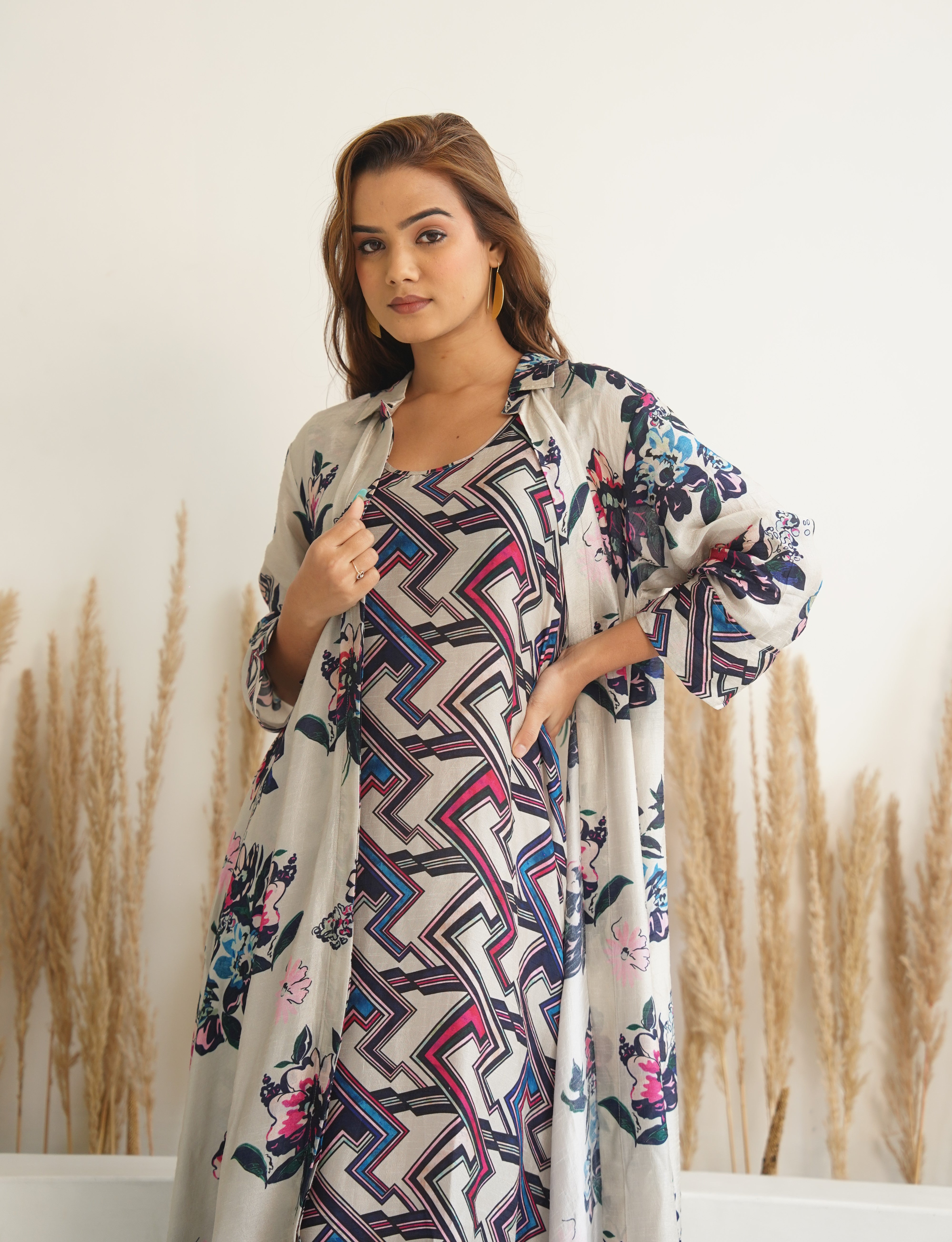 Beige Floral jacket with abstract print dress (2pc)