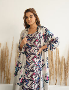 Beige Floral jacket with abstract print dress (2pc)