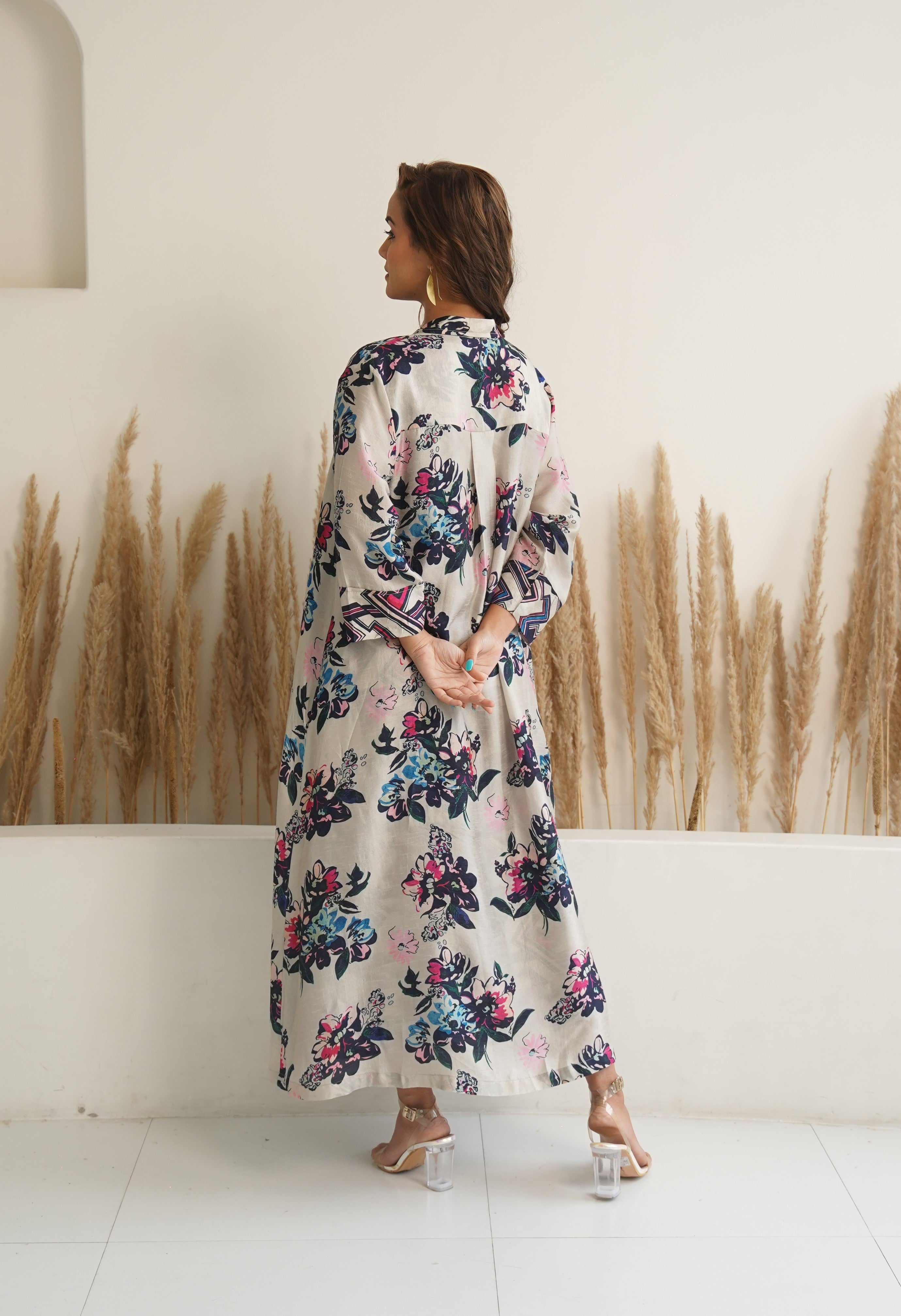 Beige Floral jacket with abstract print dress (2pc)