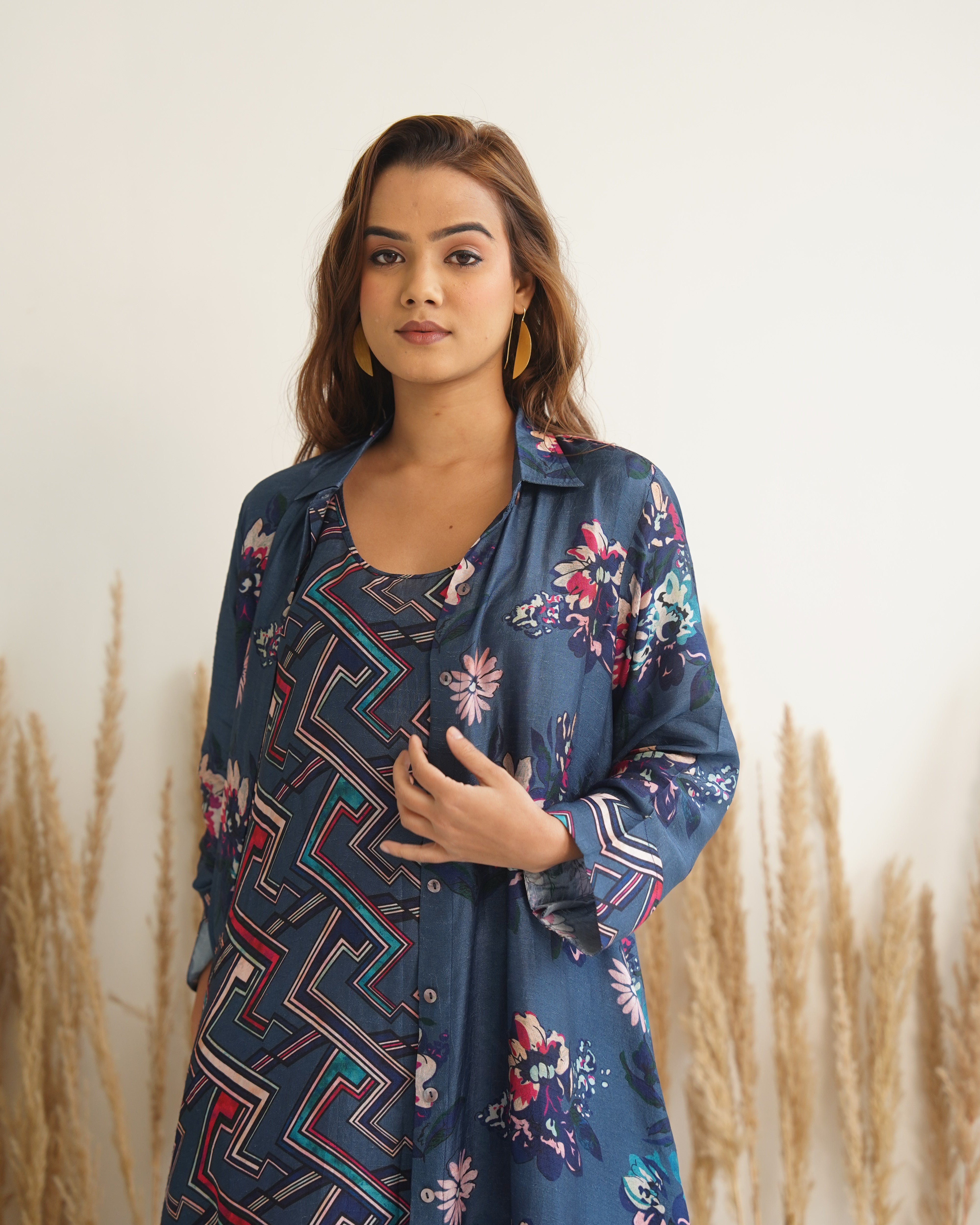 Navy Blue Floral jacket with abstract print dress (2pc)