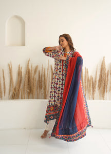 White Patola Printed Kurta with asymmetric hemline in blue border