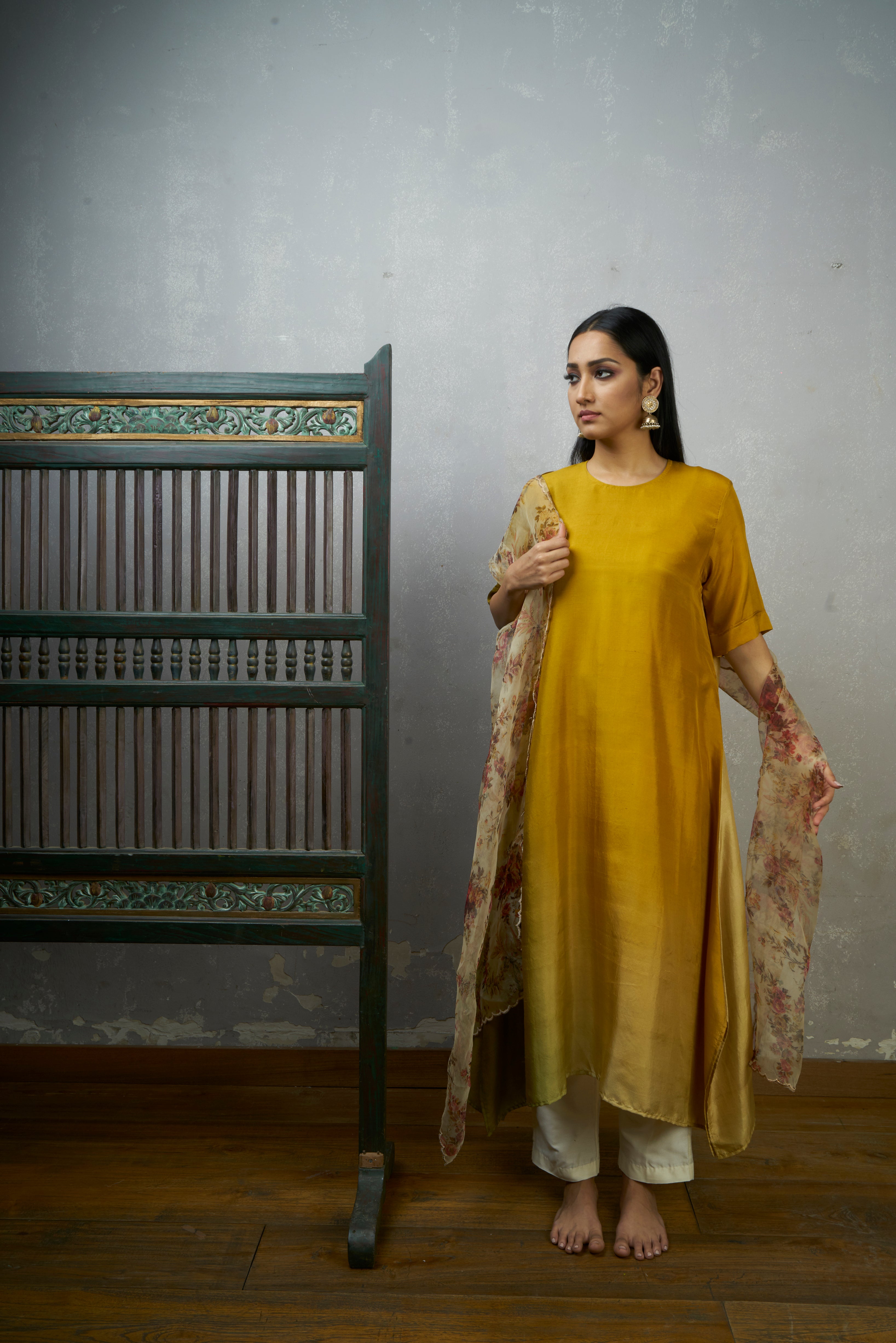 Festive Edit : Sage Mustard Asymmetric Dupion Silk Ombre Kurta With Organza Scalloped Dupatta With Pants .