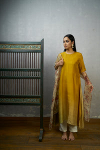 Festive Edit : Sage Mustard Asymmetric Dupion Silk Ombre Kurta With Organza Scalloped Dupatta With Pants .