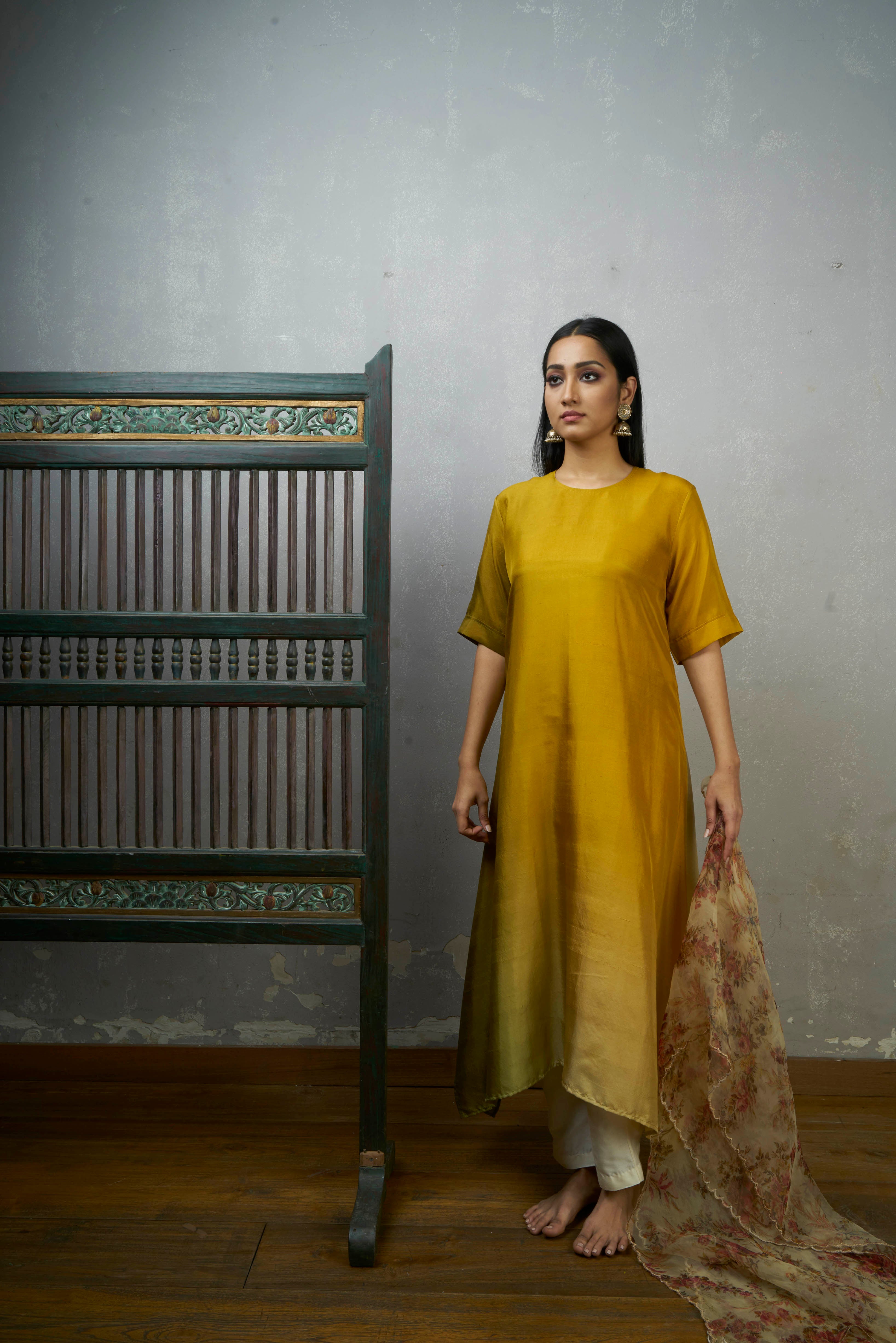 Festive Edit : Sage Mustard Asymmetric Dupion Silk Ombre Kurta With Organza Scalloped Dupatta With Pants .