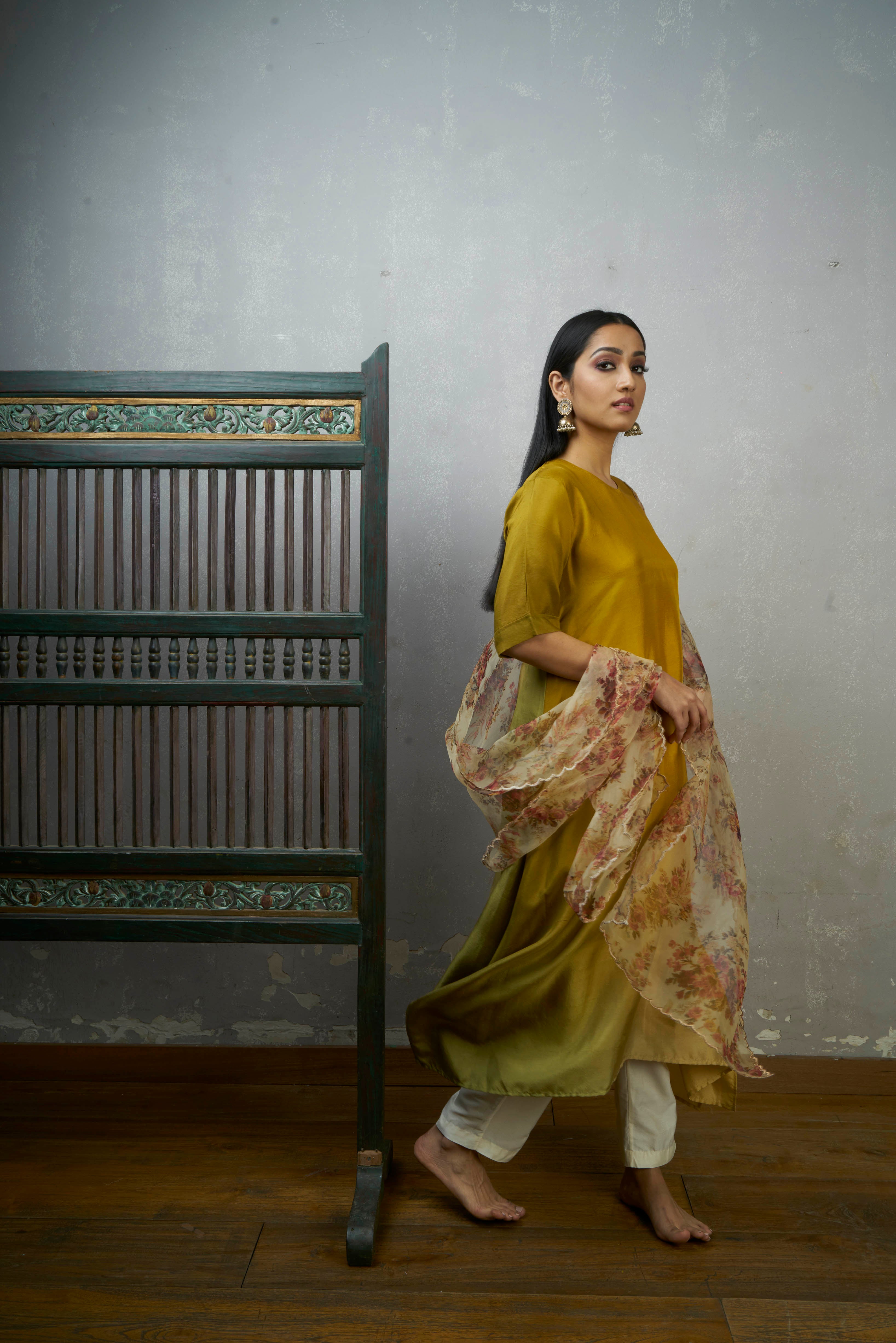 Festive Edit : Sage Mustard Asymmetric Dupion Silk Ombre Kurta With Organza Scalloped Dupatta With Pants .