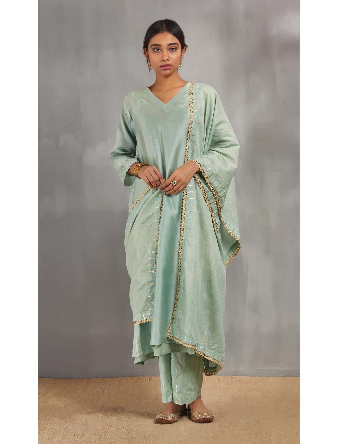 Mint Silk Chanderi Kali Kurta Set With Zari Striped Pants And Dupatta.