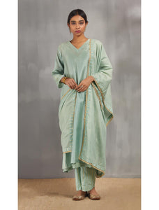 Mint Silk Chanderi Kali Kurta Set With Zari Striped Pants And Dupatta.