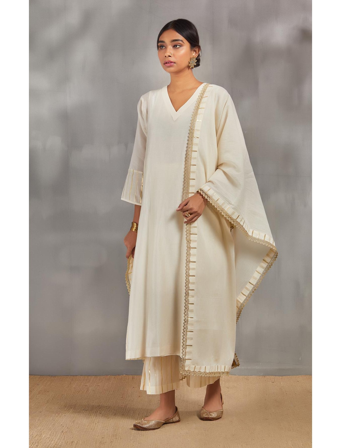 Ivory Silk Chanderi Kali Kurta Set With Zari Striped Pants And Dupatta.