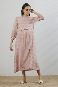Rose Pink Chanderi Front Gathering Bandhani Printed Dress with Slip