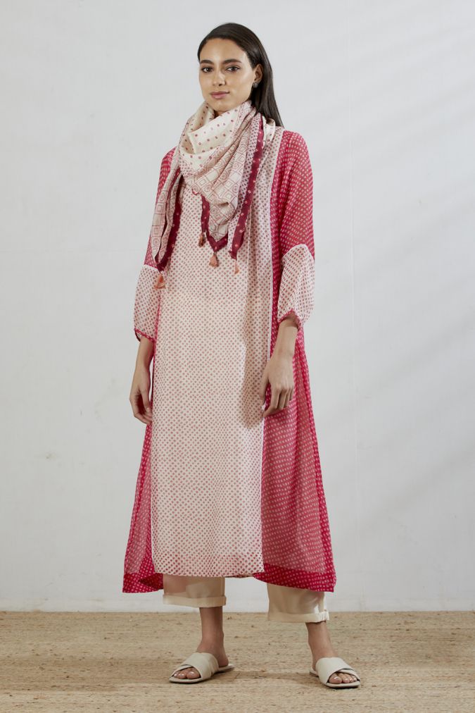 Rose Ivory Chanderi Front Gathering Bandhani Printed Dress with Slip