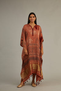 Peach Hand blocked Ajrakh Kaftan with Tassels.