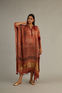 Peach Hand blocked Ajrakh Kaftan with Tassels.