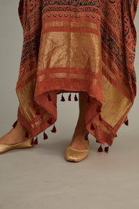 Peach Hand blocked Ajrakh Kaftan with Tassels.