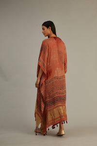 Peach Hand blocked Ajrakh Kaftan with Tassels.
