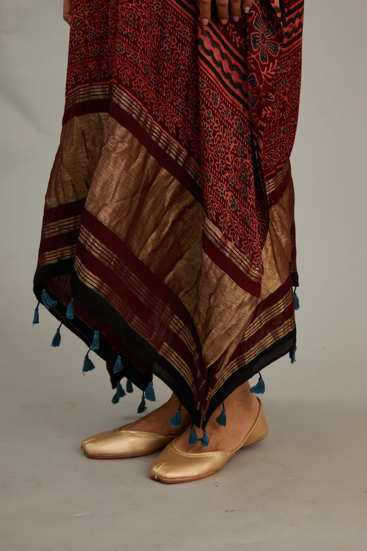 Deep Red Hand Blocked Ajrakh Tassel Kaftan