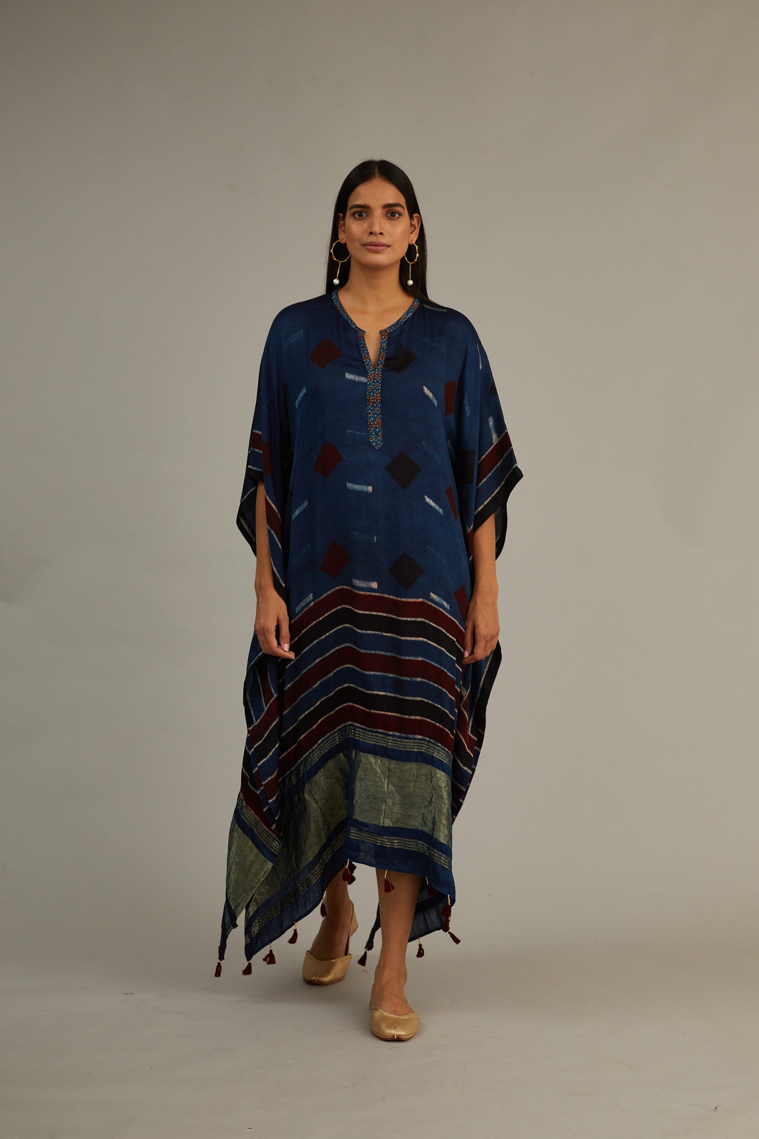 Indigo Hand Blocked Ajrakh Tassel Kaftan