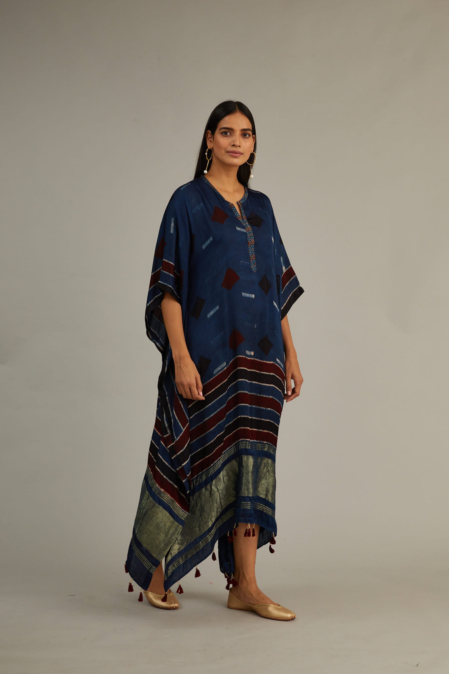 Indigo Hand Blocked Ajrakh Tassel Kaftan