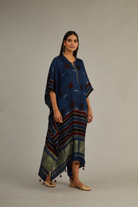 Indigo Hand Blocked Ajrakh Tassel Kaftan